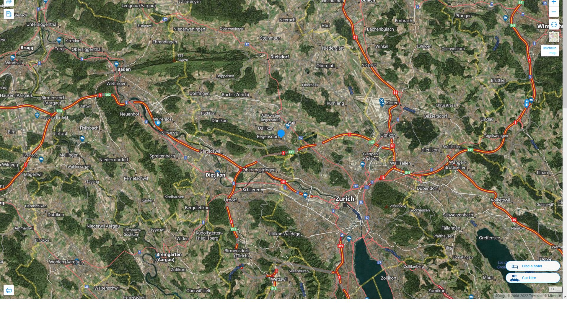 Regensdorf Suisse Autoroute et carte routiere avec vue satellite